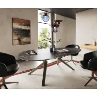 DELIFE Eetkamertafel Edge ovaal 220x120 Laminam keramiek Nero Greco Anthrazit Zenthara hoekig metaal effectafwerking titaan