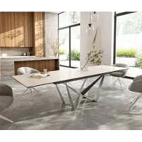 DELIFE Eettafel Edge 200-300x100 keramiek Laminam Travertino Bianco Creme-wit Spider vlak staal RVS uitrekbaar