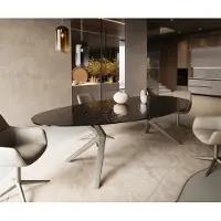DELIFE Eetkamertafel Edge ovaal 280x130 reliëfglas Rauchzwart 3D-Design Zenthara hoekig metaal effectafwerking titaan