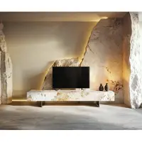 DELIFE Tv-meubel Cuor 200 cm Keramiek Minas Melange Wit-beige 1 Flap 1 Lade Zwevende voet look Roestvrij staal