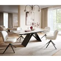 DELIFE Eettafel Edge Boot 180-220x100 cm Keramiek Minas Melange Wit-Beige V-onderstel Flachstahl Zwart uitschuifbaar