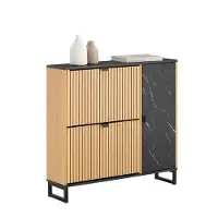 SoBuy FSR203-N Smalle Schoenenkast voor Entree, 2 Kleppen en Zijdeur, Scandinavisch Design, Compact, Zwart en Licht Hout, 90 x 24 x 88 cm
