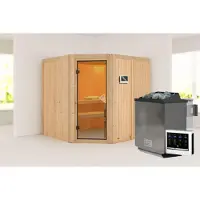 Karibu Sauna Jarin (Eckeinstieg), volledig glazen deur, bronskleurig, 9 kW verwarming met externe, eenvoudige bediening