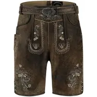 Haus Huberts Leren broek voor heren, korte model, vintage bruin, met riem, maat: 50