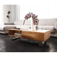 DELIFE Salontafel New Live-Edge 115x60 cm acacia natuur 2 Schubladen 1 Fach Kufe RVS geborsteld