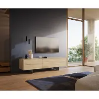 DELIFE Tv-meubel Cuor 180 cm Keramiek Laminam Sabbia Eiken gekleurd 1 Flap 2 Laden Zwevende voet look Roestvrij staal