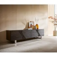 DELIFE TV-meubel Tereos 220 cm donkerbruin essenhout 3D-effect 4 deuren glijvoeten van geborsteld RVS