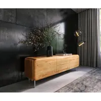 DELIFE TV-meubel Shavani 175 cm acacia natuur 2 deuren 2 lades ronde voet RVS zilver
