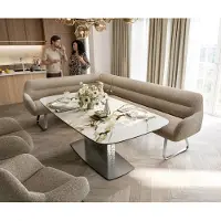 DELIFE Eetkamerbank Taya-Flex 285x190 cm bouclé mud platte sledebasis roestvrij staal pocketvering links