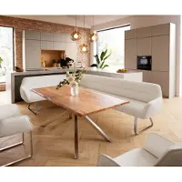 DELIFE Eetkamerbank Taya-Flex 285x190 cm bouclé crème-wit platte sledebasis roestvrij staal pocketvering links
