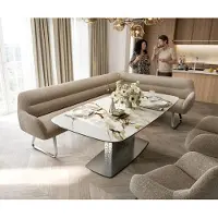 DELIFE Eetkamerbank Taya-Flex 285x190 cm bouclé mud platte sledebasis roestvrij staal pocketvering rechts