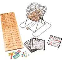 Longfield Bingo-Lotto Set - Compleet - 90 Ballen - Metalen Korf Ø 18 cm - Houten Controlebord - Bingokaarten - Engelhart