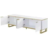 OKWISH TV-Kast – Geometrisch Reliëf – 4 Deuren – Minimalistische Stijl Met Opbergruimte – MDF Wit Met Gouden Accenten – 160x37,5x48 cm – Metaalframe