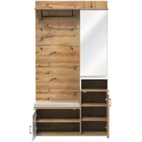 OKWISH Garderobeset – Modern Wit+Hout – 2 Schoenenvakken (9-12 Paar) – Met Spiegel, Zithoek Met Zitkussen – 4 Haken + Garderobestang – MDF/Spaanplaat – 105×40×190,5 cm