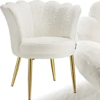 TecTake Fauteuil Stella - Kuipstoel met armleuning – Comfortabele Eetkamerstoel – Keukenstoel – Dikke vulling – Voor woonkamer en eetkamer – Met imitatiebont bekleding - crème/goud