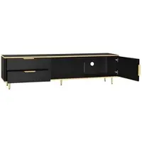 OKWISH TV-Meubel – Elegant – 2 Lades – 2 Deuren – Zonder LED – Gesneden Structuur Met Gouden Handgrepen En Poten – Spaanplaat Zwart+Goud – 175×40×45 cm