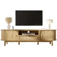 OKWISH Tv-Meubel – Met Schuifdeur En Rattan Lades – Voor Woonkamer Opbergruimte – MDF Naturel – 165×37×46 Cm