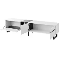 OKWISH TV-Lowboard – Modern – 1 Klapvak Met Hydraulische Demper + Open Vakken + 2 Deuren – Verstelbare Poten – Spaanplaat Wit – 180×38×45 cm