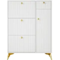 OKWISH Schoenenkast - 3 Kleppen 1 Lade 1 Deur - Smal Voor Hal - Verstelbare Planken - Wit Hout Metaal - 121x90x25 cm