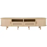 MODFU – Tv-Meubel met 2 Laden en 2 Schuifdeuren – Ovaal Vintage Ontwerp – Rattan Accenten & Reliëf – Licht Eiken – MDF – 170x40x40 cm – Voor Woonkamer
