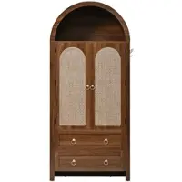 MODFU Opbergkast 80x40x180 cm van MDF, met rattan deuren en laden, walnoot