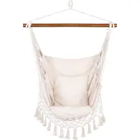 Springos Hangstoel (schommelhangmat) - - - 130 x 100 cm - Beige - Franje &amp; 2 kussens