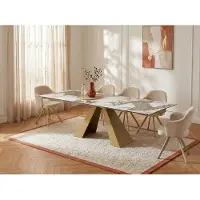Vente-unique Uitschuifbare eettafel voor 6 tot 10 personen van gehard glas, keramiek en goudkleurig metaal - Wit en taupegrijs marmereffect - LOZIPA van Maison Céphy