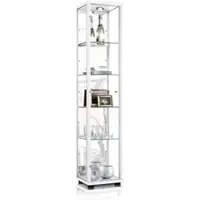K-Möbel Vitrinekast met glas staand met 1 deur, 4 in hoogte verstelbare glasplanken & spiegel - Vitrinekast met led verlichting - 176x37x33 cm - Wit