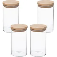 Wellhome Set Van Glazen En Houten Potten 1l 4 Eenheden