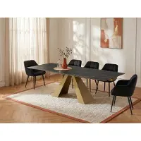 Vente-unique Verlengbare eettafel 6 tot 10 plaatsen van gehard glas, keramiek en metaal - Zwart marmereffect en goud - LOZIPA van Maison Céphy