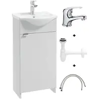 Deftrans Badkamermeubel met een wastafel van 40 cm, vrijstaand, wit, met sifon en een chromen kraan, Kredo