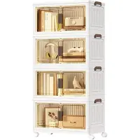 Songmics RLB460WZ01 4-laags opbergdozen met 1 deksel, stapelbaar op wielen, kunststof dozen met magnetische deur, organizer, wit, 55 liter per laag, 220 liter totaal