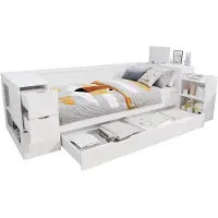Merax Kinderbed - slaapbank - 90 x 200 cm - eenpersoonsbed met lades - planken en opbergkasten - met nachtkastje - zonder matras - wit