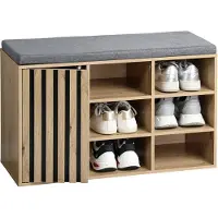 Kesper Schoenenkast eikenlook met grijze zitkussen midden - 76 x 29,5 x 48 cm