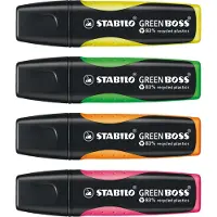 Stabilo GREEN BOSS 6070/4 Tekstmarker Kleurenassortiment 83% Gerecycled Medium Beitelpunt 2 - 5 mm Navulbaar 4 Stuks