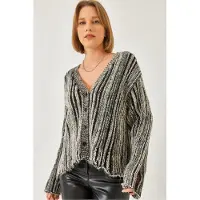 Bianco Gestreepte Geribde Brei Cardigan met V-hals