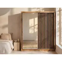 Vente-unique Kast met 2 schuifdeuren - Met spiegel - L203 cm - Kleur: houteffect en zwart - CALOWI