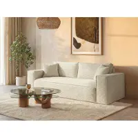 Vente-unique Express-driezitsslaapbank van beige ribfluweel AMELIA - Bed 140 cm - Matras 14 cm met vormgeheugen L 214 cm x H 80 cm x D 105 cm