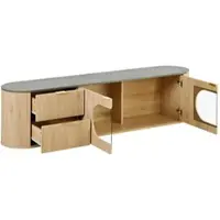 OKWISH Tv Meubel - 3D Deurfronten Met Verticale Structuur - Ovale Glazen Vitrine - MDF Naturel - 172×38×45,5 Cm