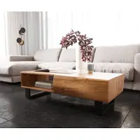 DELIFE Salontafel New Live-Edge 115x60 cm acacia natuur 2 lades 1 vak metalen sledepoten zwart