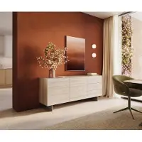 DELIFE Dressoir Cuor 180 cm Keramiek Laminam Travertino Bianco Crème-wit 2 Deuren 3 Laden Zwevende voet look Roestvrij staal