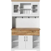 MODFU Buffetkast - Met Vitrinekasten En 2 Laden - Modern - Voor Keuken Of Eetkamer - Spaanplaat - Wit En Natuurlijke Houtkleur - 106 X 39 X 176,5 Cm