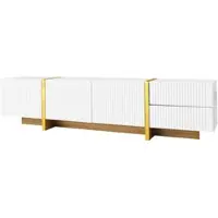 OKWISH Televisiemeubel - Ruime Opbergruimte - Voor Woonkamer En Mediaruimte - MDF En Spaanplaat Wit Goud Houtlook - 190x35x45 cm
