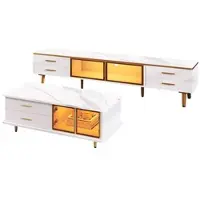 OKWISH Salontafel & Tv-meubel Set – Modulair – 1 Lade – 2 Deuren – Met Variabele LED – Lichte Luxe Marmerlook – Spaanplaat Wit+Goud – 170x37x47,5 cm