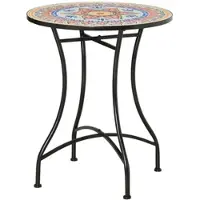 OKWISH Tuintafel - Ronde Mozaiek Tafel - Voor Balkon En Tuin - Keramische Tegelblad - Metaal Rood - 60x71 Cm