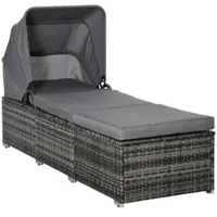 MODFU - Tuinligbed - Verstelbare Rugleuning En Zonnedak - Buiten - PE-Rattan - Grijs - 195 x 65 x 40 cm