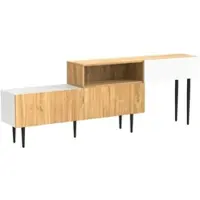 OKWISH TV-Meubel - Modulair 2-Delig - 3 Deuren - Verstelbare Lengte 120+120 cm - Houtlook + Mat Wit - Zwarte Poten - Kabeldoorvoering - Draagkracht 60 kg