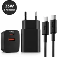 WISEQ 33W Ultra-Snellader - Dubbele snellader USB A & USB C Poorten - Geschikt voor Samsung, Huawei, Oppo, iPhone 15 & MacBooks - Inclusief 3m USB-C - USB C Kabel - Premium Zwart