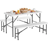 LifeGoods Inklapbare Picknickset - 124cm x 61,5cm - Tuintafel met 2 Banken - Weerbestendig - Campingtafel - Biertafel Opklapbaar - Voor Binnen en Buiten - Voor 4 tot 6 Personen - Wit