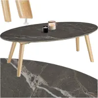 TecTake Salontafel | Woonkamertafel, Ovale Salontafel met Houten Poten | Marmerlook | Weerbestendige Bijzettafel voor Woonkamer, Terras, Tuin of Balkon - naturel
